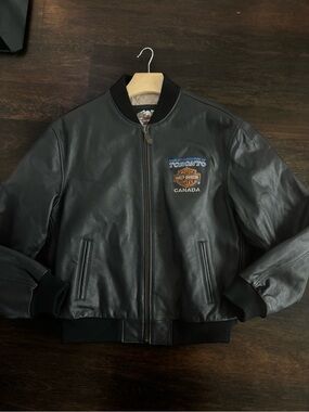 Harley-Davidson Black Leather Bomber Jacket with Toronto Patch